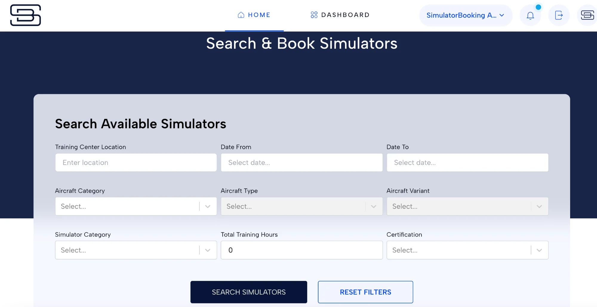 SimulatorBooking Search Interface